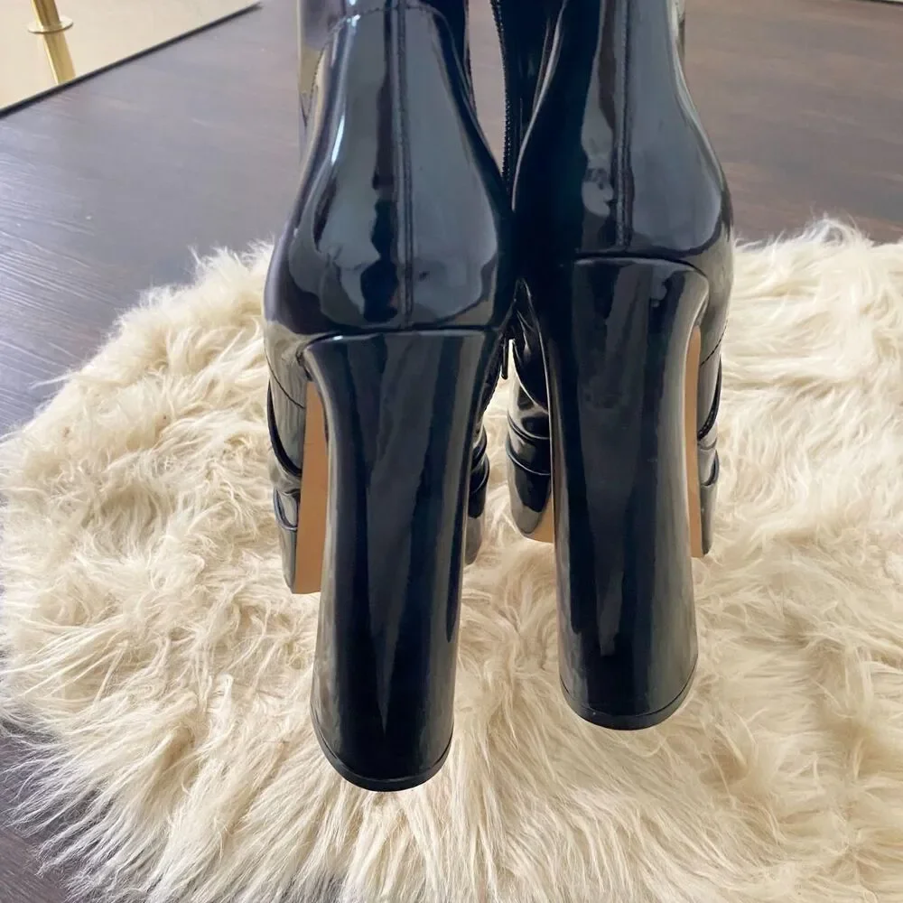 Fashion Nova Black Patent Pointy Thick Platform Mid Calf High Heel Boots US 7.5